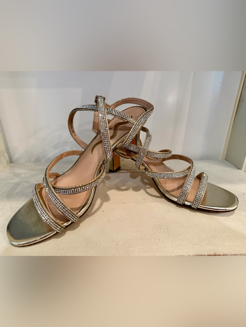 Nina Brand Rhinestone Strappy Block Heels- Gold Size 7